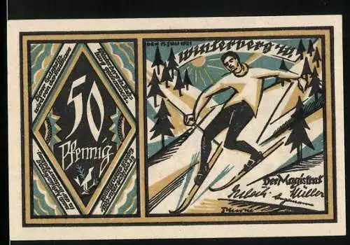 Notgeld Winterberg 1921, 50 pfennig, Skifahrer auf der Piste, Winterlandschaft mit Kirche