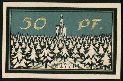 Notgeld Winterberg 1921, 50 pfennig, Skifahrer auf der Piste, Winterlandschaft mit Kirche