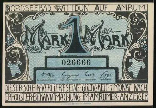 Notgeld Wittdün auf Amrum, 1 Mark, Gesamtansicht aus der Vogelschau mit Nordseepanorama