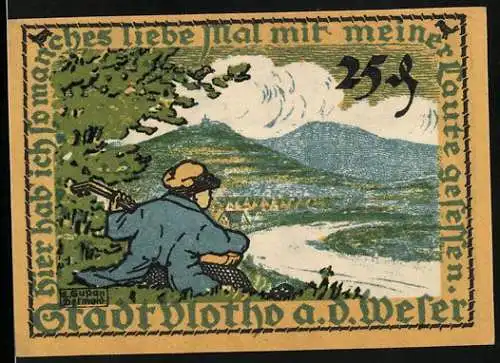 Notgeld Vlotho a. d. Weser 1921, 25 Pfennig, Mann mit Laute blickt über den Fluss