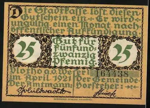 Notgeld Vlotho a. d. Weser 1921, 25 Pfennig, Mann mit Laute blickt über den Fluss