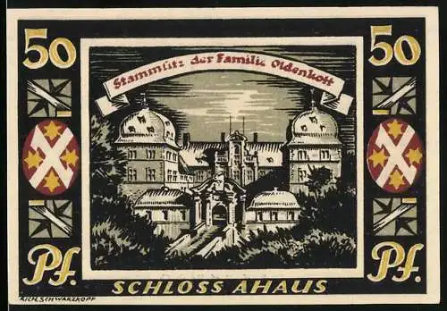 Notgeld Ahaus 1921, 50 Pfennig, Schloss Ahaus, Stammsitz der Familie Oldenkott