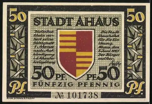 Notgeld Ahaus 1921, 50 Pfennig, Schloss Ahaus, Stammsitz der Familie Oldenkott