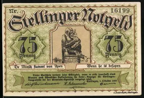 Notgeld Stellingen 1920, 75 Pfennig, Schimpanse mit einer Flasche Alkohol, Löwen und Carl Hagenbeck