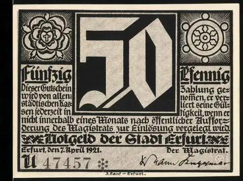 Notgeld Erfurt 1921, 50 Pfennig, Die Angst mich zu verzweifeln trieb, dass nichts denn sterben bei mir blieb