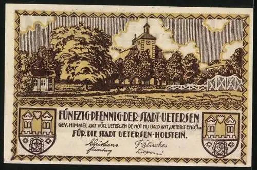 Notgeld Uetersen, 50 Pfennig, Ortsansicht mit Fabriken