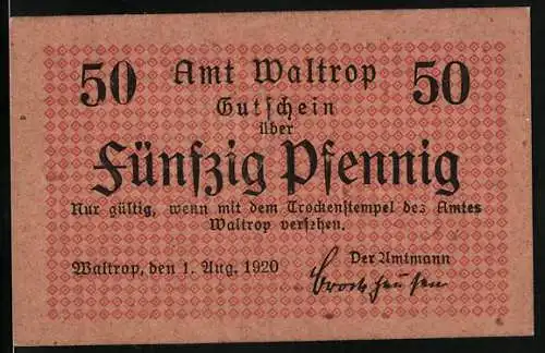 Notgeld Waltrop 1920, 50 Pfennig, Schiffshebewerk Henrichenburg