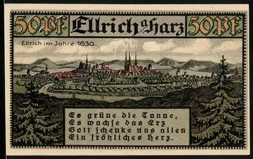 Notgeld Ellrich a. Harz, 1921, 50 Pfennig, Ortsansicht
