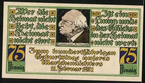 Notgeld Stotel 1921, 75 Pfennig, Portrait Hermann Allmers