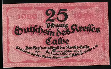 Notgeld Calbe 1920, 25 Pfennig, Wappen und Turm