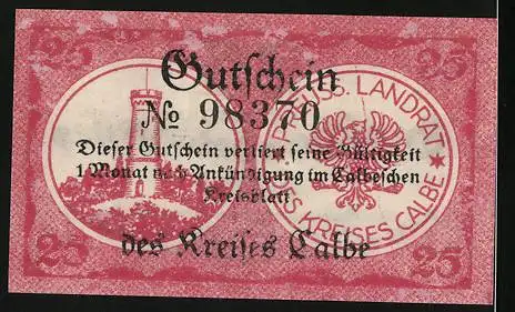 Notgeld Calbe 1920, 25 Pfennig, Wappen und Turm