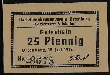 Notgeld Ortenburg 1919, 25 Pfennig, Bezirksamt Vilshofen