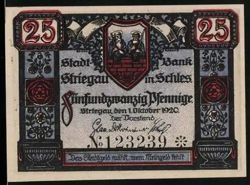 Notgeld Striegau in Schles. 1920, 25 Pfennig, Wappen und Kirche