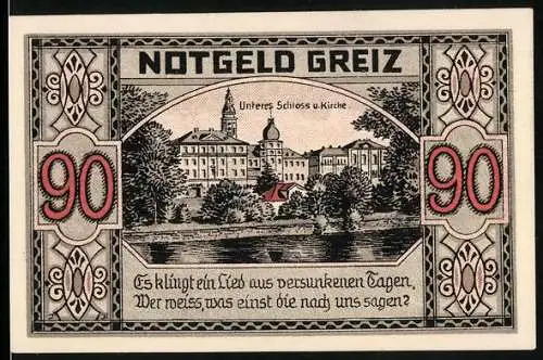 Notgeld Greiz 1921, 90 Pfennig, Unteres Schloss und Kirche