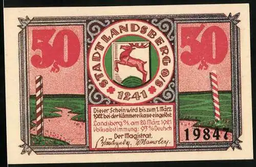Notgeld Landsberg Oberschlesien 1921, 50 Pfennig, Wappen mit Hirsch, Grenzpfosten