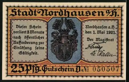 Notgeld Nordhausen a. H. 1921, 25 Pfennig, Stadtwappen und gedeckte Tafel