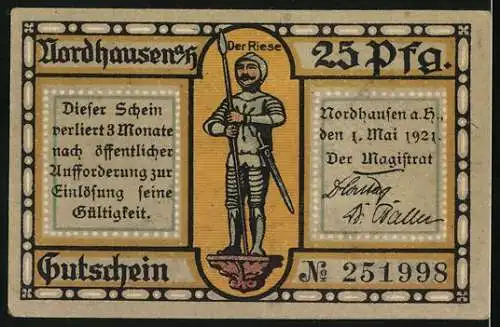 Notgeld Nordhausen am Harz1921, 25 Pfennig, Ritter Der Riese