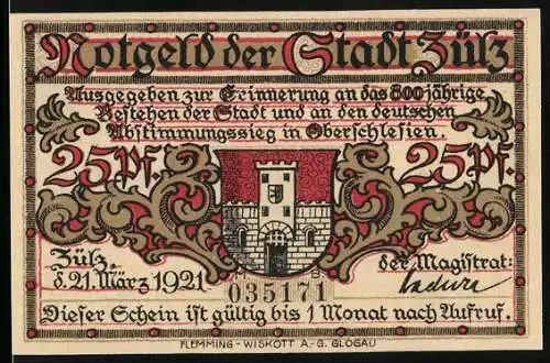 Notgeld Zülz O.-Schl. 1921, 25 Pfennig, Stadtwappen und Ortsansicht