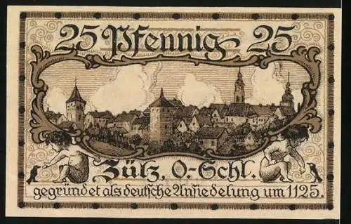 Notgeld Zülz O.-Schl. 1921, 25 Pfennig, Stadtwappen und Ortsansicht