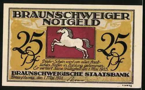 Notgeld Braunschweig 1921, 25 Pfennig, Till Eulenspiegel und Stadtwappen mit Pferd