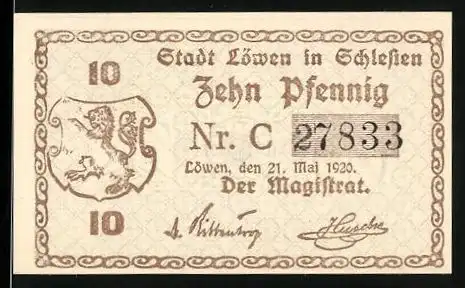 Notgeld Löwen in Schlesien 1920, 10 Pfennig, Stadtwappen mit Löwen