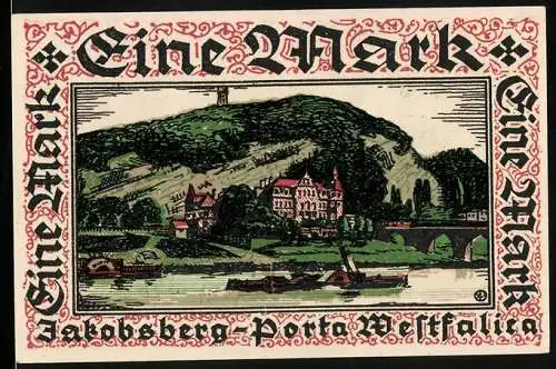 Notgeld Hausberg a. d. Weser 1921, 1 Mark, Ortsansicht und Paar in Tracht