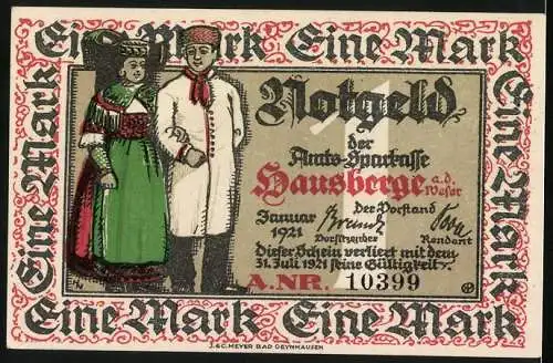 Notgeld Hausberg a. d. Weser 1921, 1 Mark, Ortsansicht und Paar in Tracht