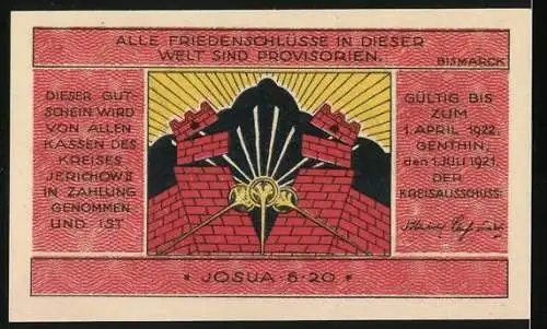 Notgeld Genthin /Kreis Jerichow 1921, 50 Pfennig, Ortsansicht und biblisches Motiv Josua 6, 20
