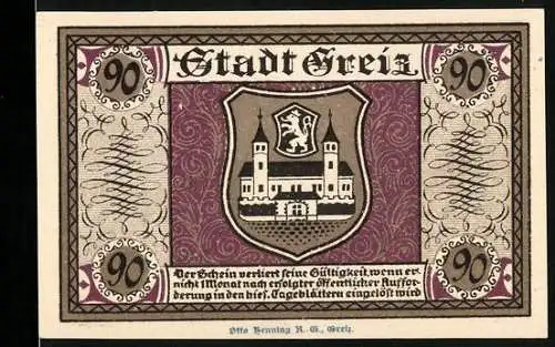 Notgeld Greiz 1921, 90 Pfennig, Stadtwappen und Rathaus