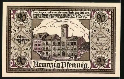 Notgeld Greiz 1921, 90 Pfennig, Stadtwappen und Rathaus