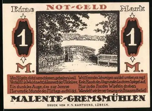 Notgeld Malente-Gremsmühlen 1920, 1 Mark, Voss Luise, Das rosenwangige Mädchen