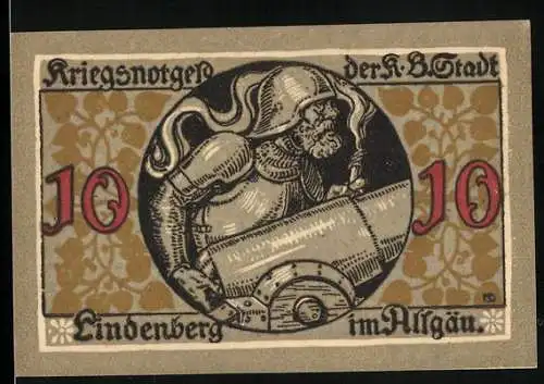 Notgeld Lindenberg i. Allgäu 1917, 10 Pfennig, Ritter mit Kanone