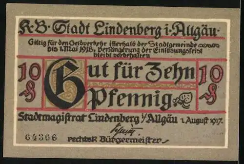 Notgeld Lindenberg i. Allgäu 1917, 10 Pfennig, Ritter mit Kanone
