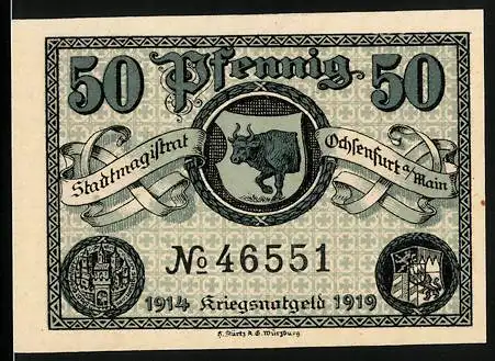 Notgeld Ochsenfurt a. Main 1919, 50 Pfennig, Wappen mit Ochsen