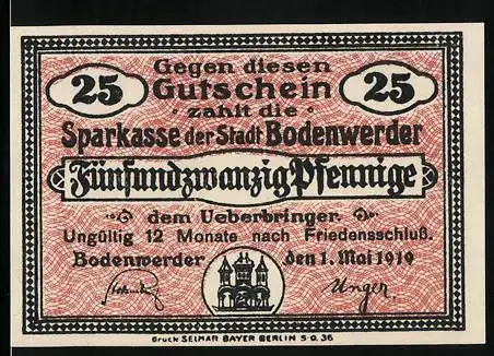 Notgeld Bodenwerder 1919, 25 Pfennig, Wappen der Stadt