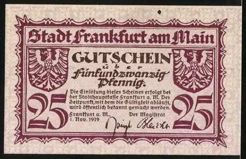 Notgeld Frankfurt am Main 1919, 25 Pfennig, Ortsansicht mit Main