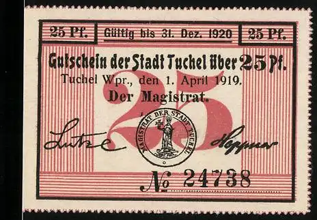 Notgeld Tuchel 1919, 25 Pfennig, Magistrat der Stadt