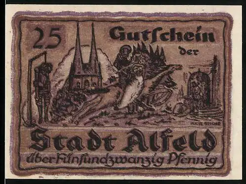 Notgeld Alfeld 1919, 25 Pfennig, Wappen mit Löwen, Ortsansicht im Krieg