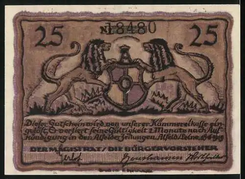 Notgeld Alfeld 1919, 25 Pfennig, Wappen mit Löwen, Ortsansicht im Krieg