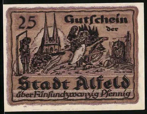 Notgeld Alfeld 1919, 25 Pfennig, Wappen mit Löwen, Ortsansicht im Krieg
