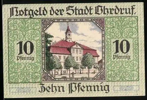 Notgeld Ohrdruf 1919, 10 Pfennig, Ortsansicht mit Rathaus, Wappen
