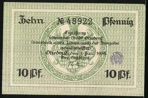 Notgeld Ohrdruf 1919, 10 Pfennig, Ortsansicht mit Rathaus, Wappen