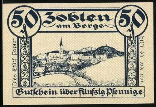 Notgeld Zobten 1919, 50 Pfennig, Ortsansicht, Wappen, Reiterdenkmal