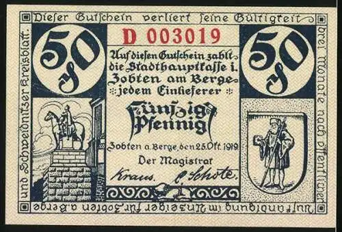 Notgeld Zobten 1919, 50 Pfennig, Ortsansicht, Wappen, Reiterdenkmal