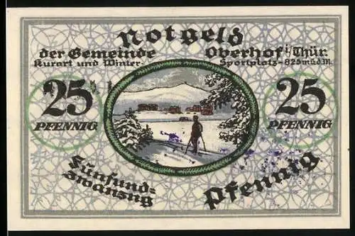 Notgeld Oberhof 1919, 25 Pfennig, Ortsansicht mit Skifahrer