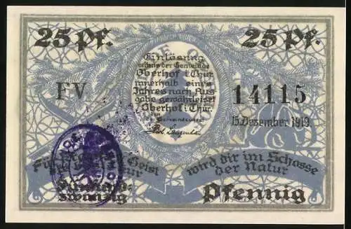 Notgeld Oberhof 1919, 25 Pfennig, Ortsansicht mit Skifahrer