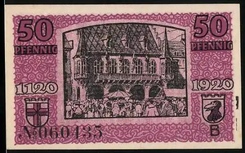 Notgeld Freiburg im Breisgau 1920, 50 Pfennig, Ortsansicht mit Rathaus
