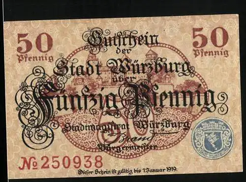 Notgeld Würzburg 1919, 50 Pfennig, Ortsansicht mit Schloss, Wappen