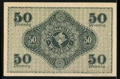 Notgeld Würzburg 1919, 50 Pfennig, Ortsansicht mit Schloss, Wappen