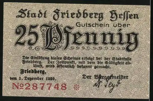 Notgeld Friedberg 1920, 25 Pfennig, Ortsansicht mit Stadttor und Turm